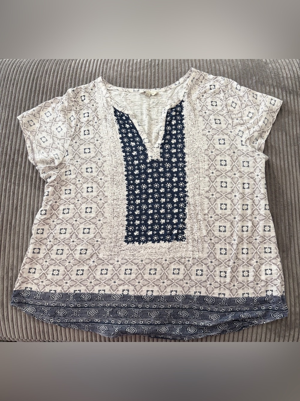 Lucky Brand Cream Tunic with Navy Embroidered Panel